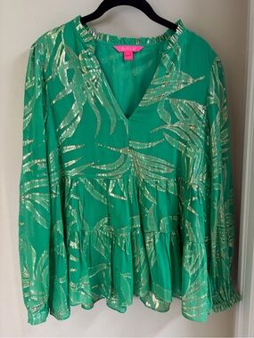 Lilly Pulitzer Emerald  Green Metallic Print Peasant Blouse 8